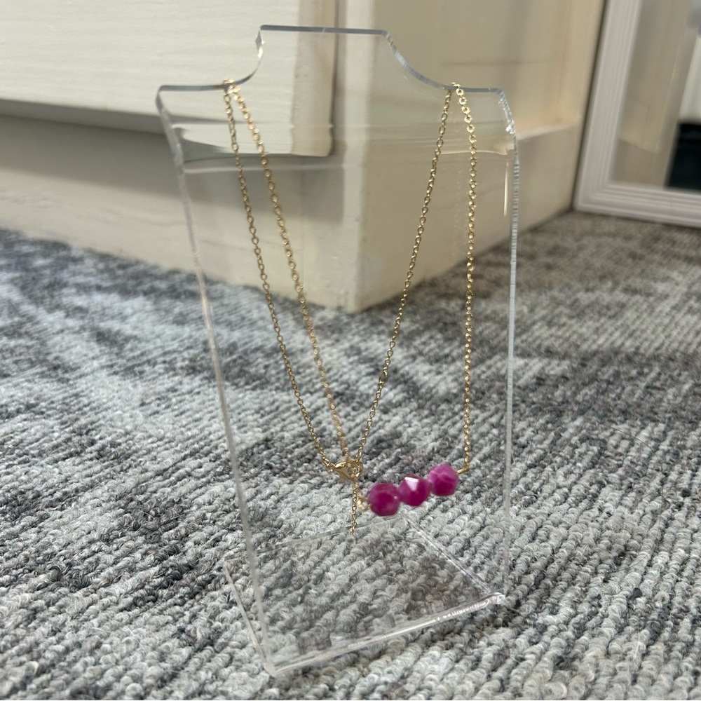 Elegant Rich Fuchsia Rock Trio Beaded Bar Dainty Gold Chain Necklace✨